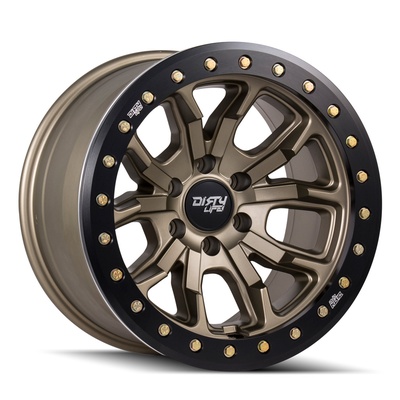 Dirty Life Dt-1 Wheel, 17x9 With 8 On 165.1 Bolt Pattern - Satin Gold W/Simulated Ring - 9303-7981MGD