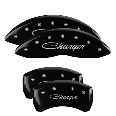 MGP Front And Rear Brake Caliper Covers (Black Finish, Silver Charger (Cursive)) - 12181SCHSBK