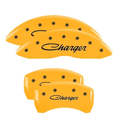 MGP Front And Rear Brake Caliper Covers (Yellow Finish, Black Charger (Cursive)) - 12181SCHSYL