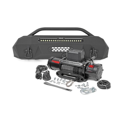 Rough Country Front Hybrid Bumper With 9500lb Winch And 20 LED Light Bar (Black) - 10720